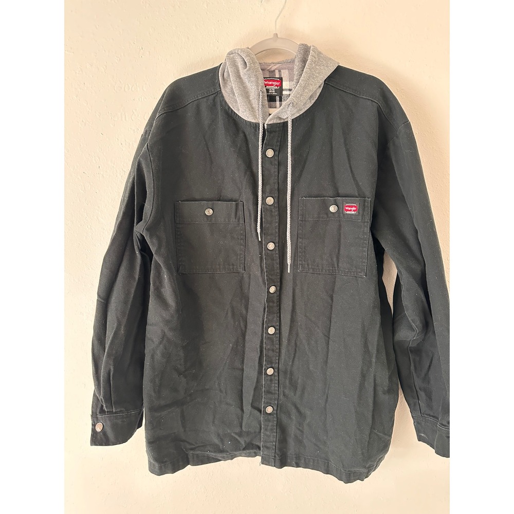 Wrangler Workwear Denim Shacket MensXL 46-48 Gray Hooded Snap Front Cotton Black